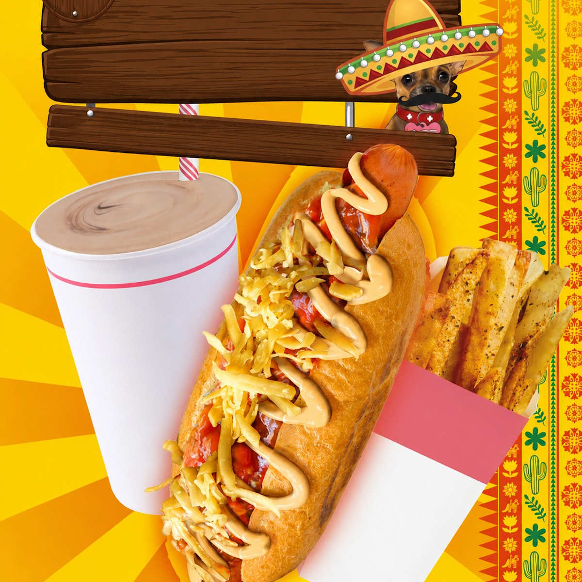 Picture of a chilli hot dog, chips and regular thickshake.