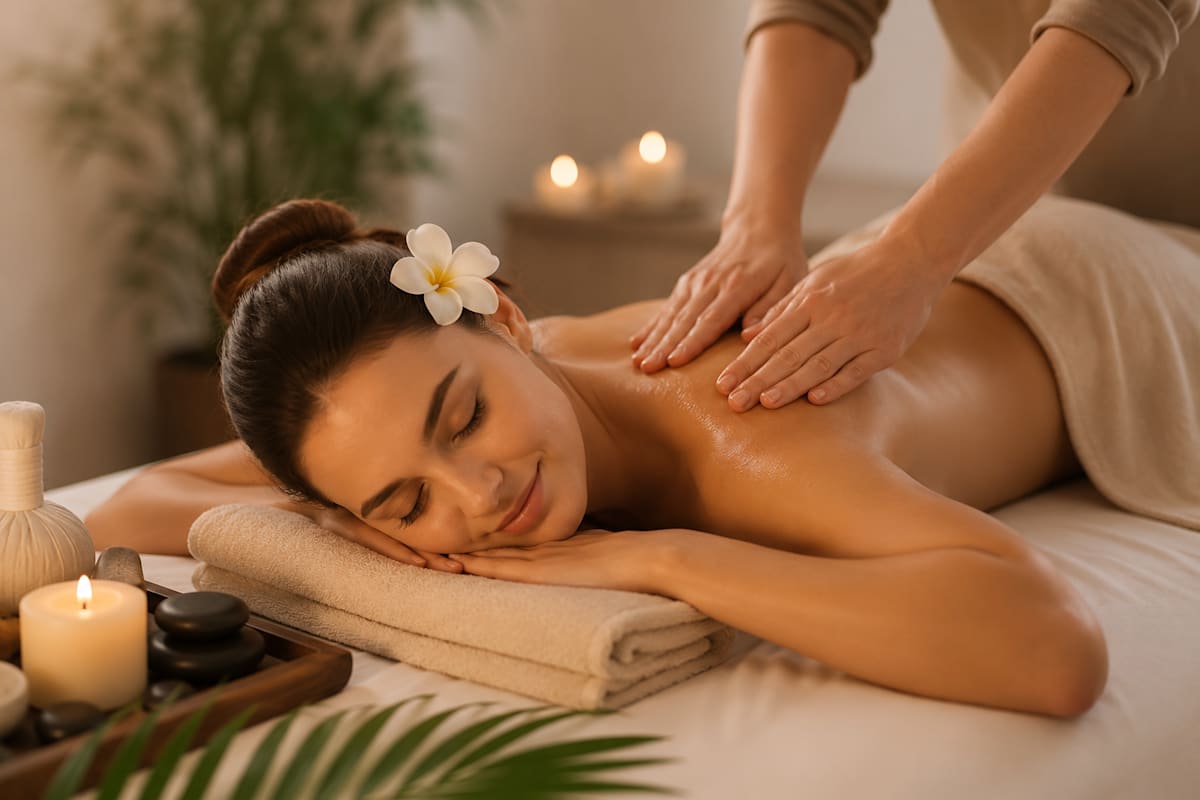 Picture of woman with flower behind her ear getting a back massage.