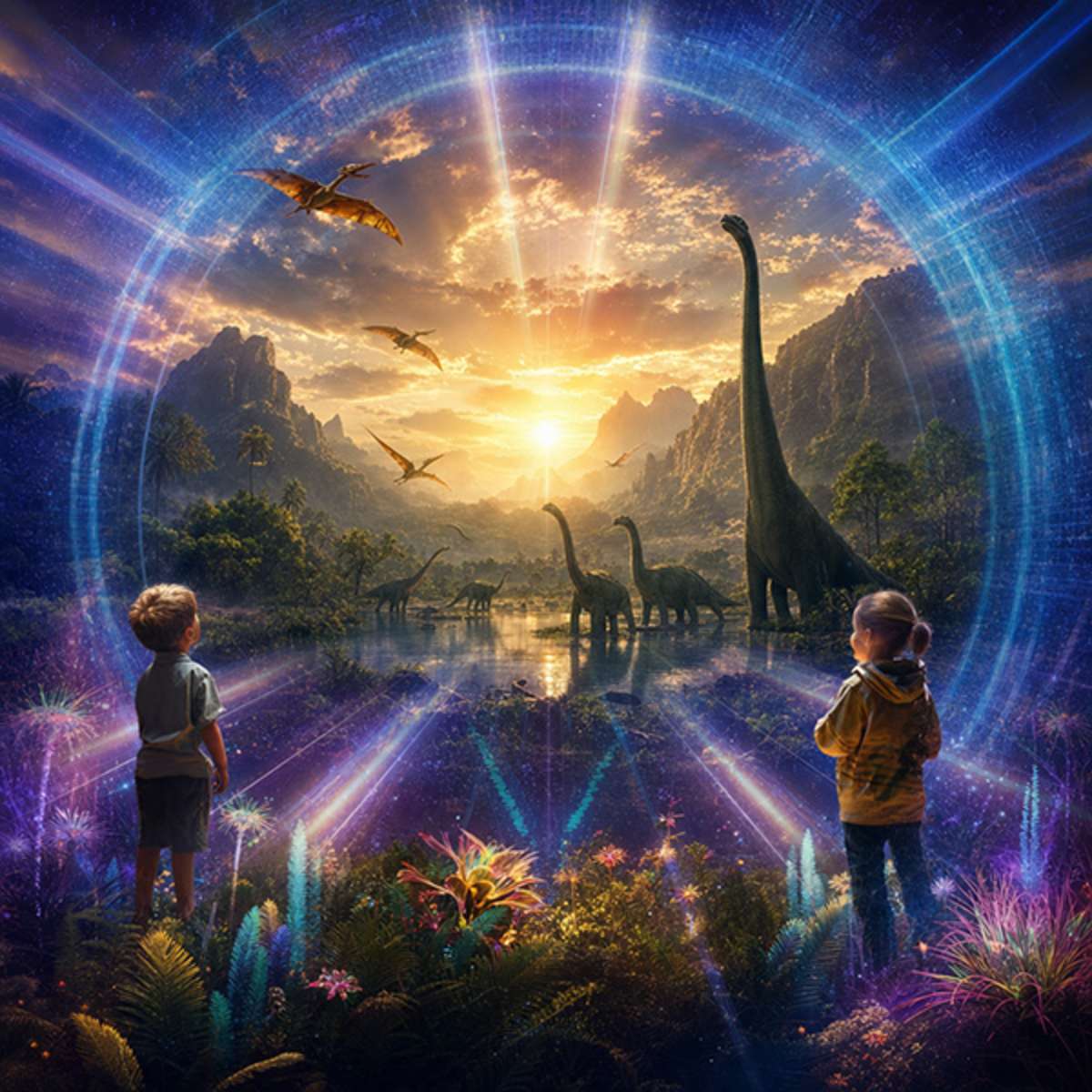 Retro, portal two children watching dinosaurs roaming landscape