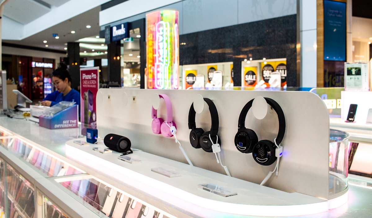 Happytel headphones at the kiosk.