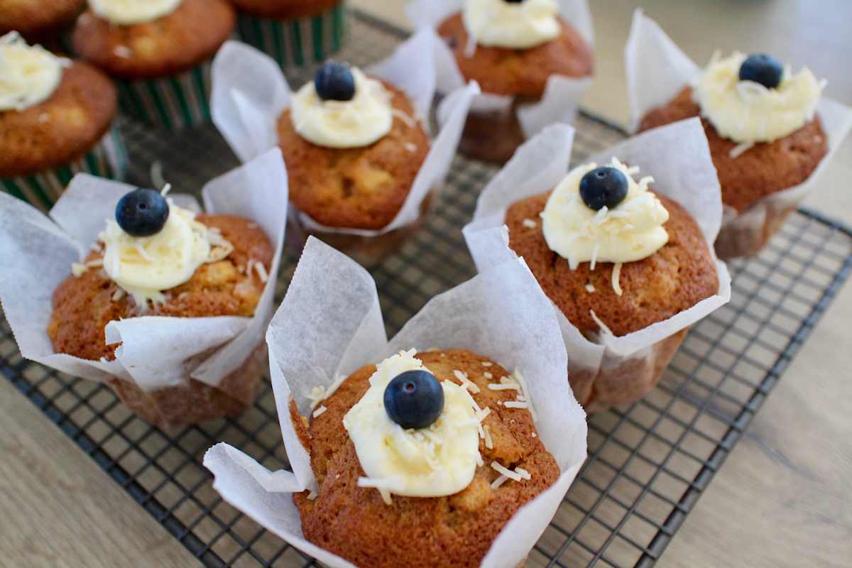Blueberry muffins on baking tray