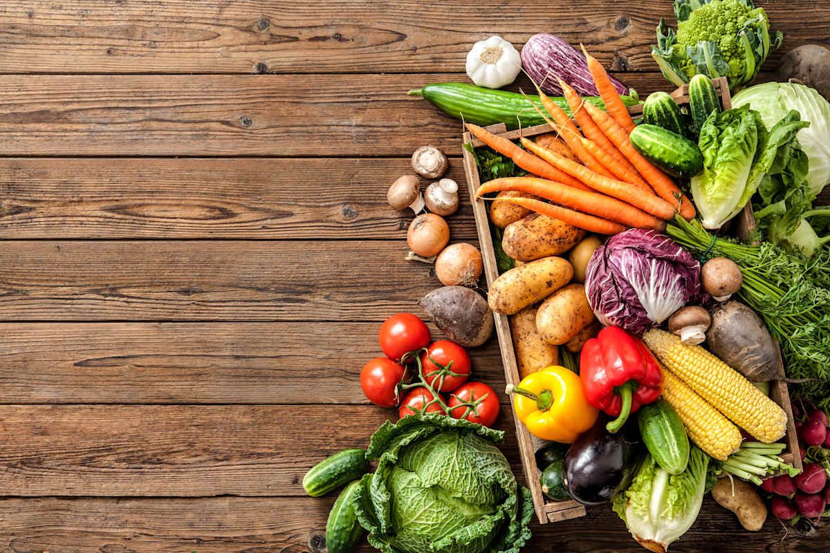 Crates of fresh fruits and vegetables