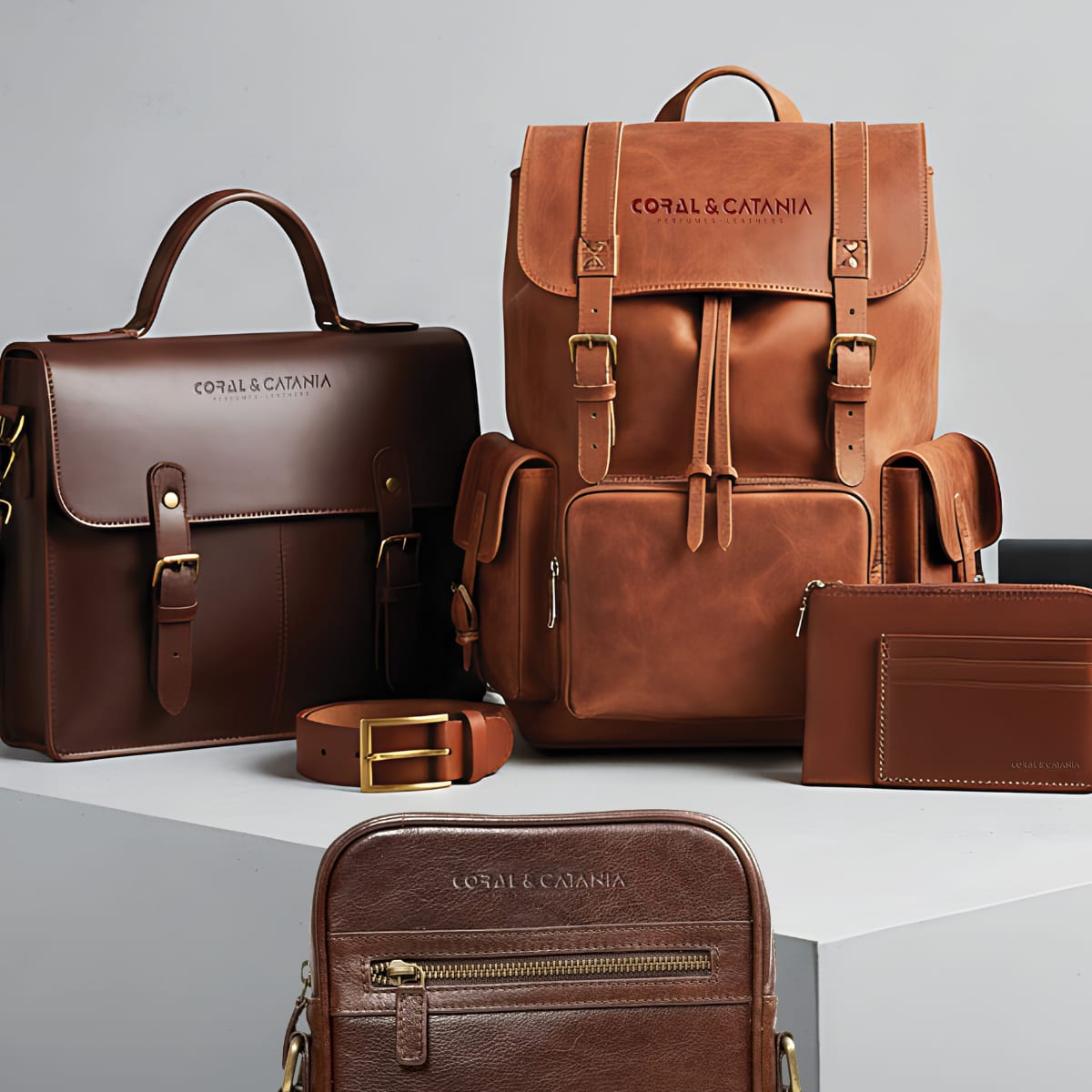 An image of leather bags and accessories from Coral and Catania.