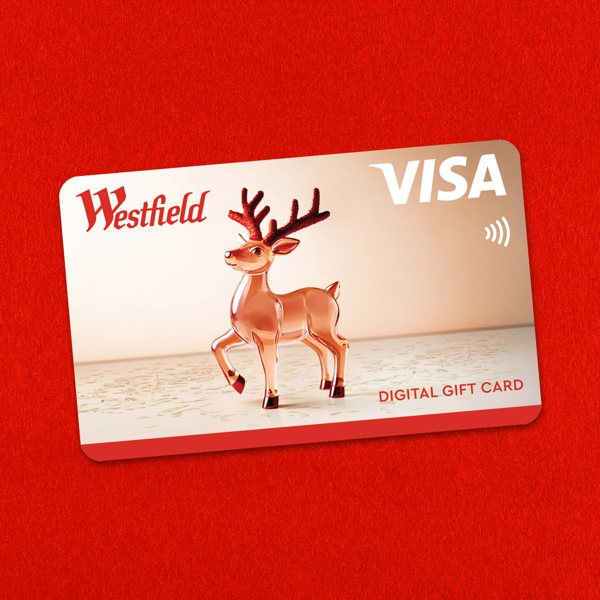 Christmas Westfield Digital Gift Card with a reindeer on a red background