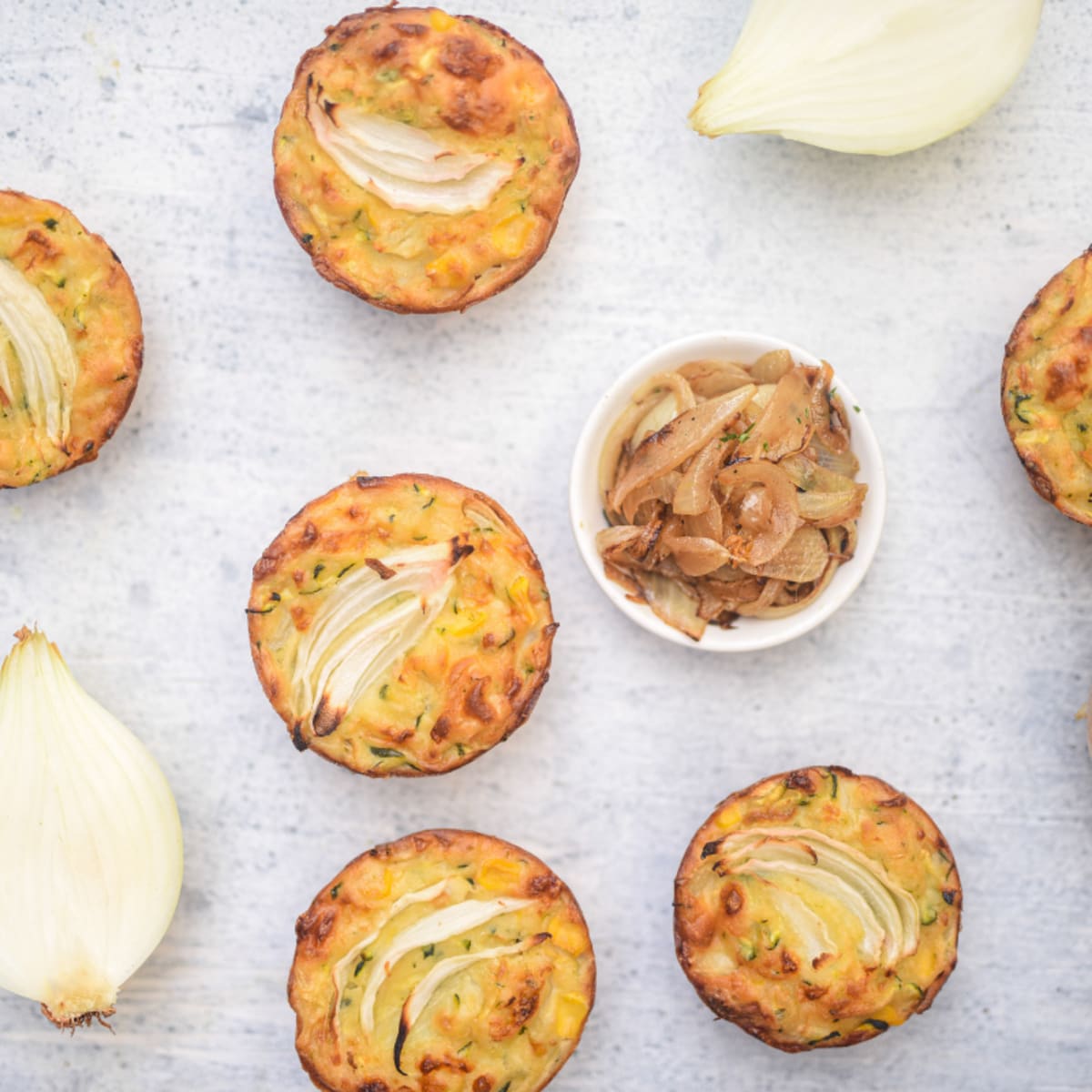 Onion, corn and zucchini muffins
