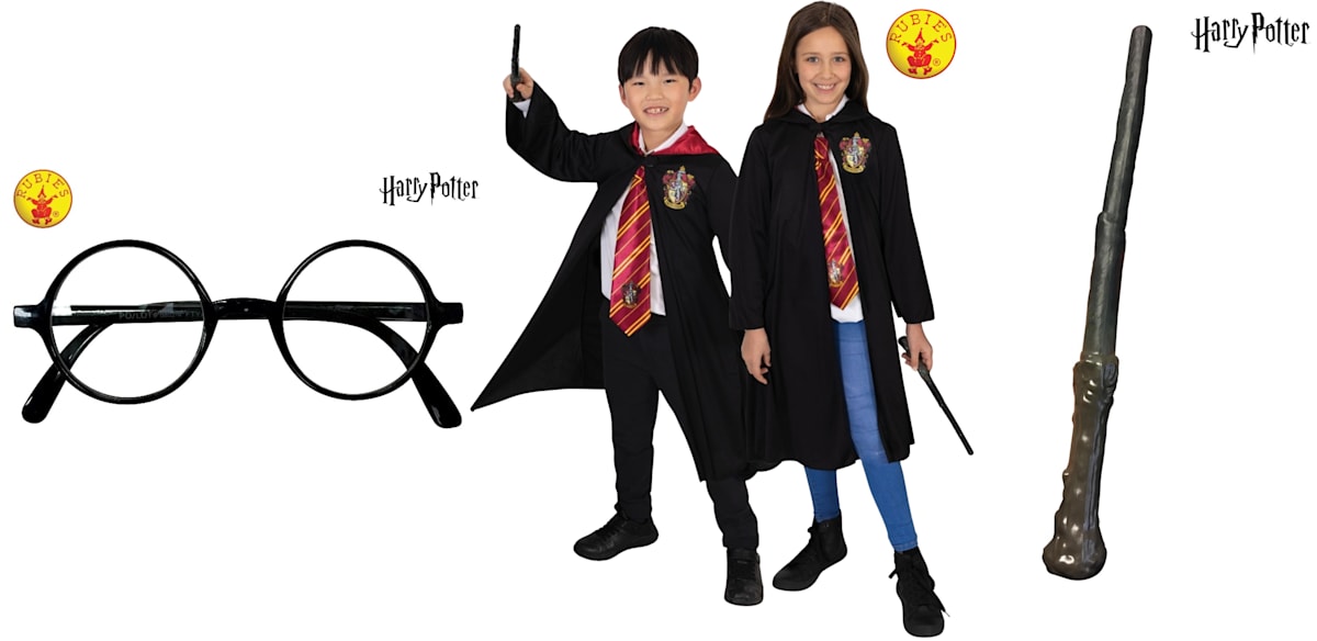 Harry Potter Glasses - Ages 4+, Harry Potter Gryffindor Robe Child Costume - Ages 9+, Harry Potter Classic Wand - Child
