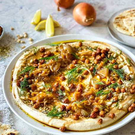Recipe: Hummus with Caramelised Onions & Pine Nuts - Hero Image Set