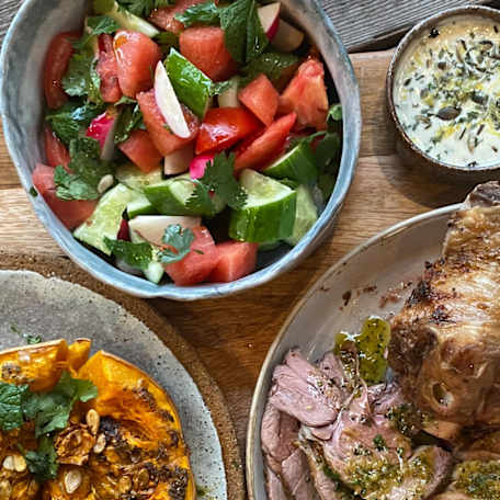 Roast lamb, butternut pumpkin and watermelon salad