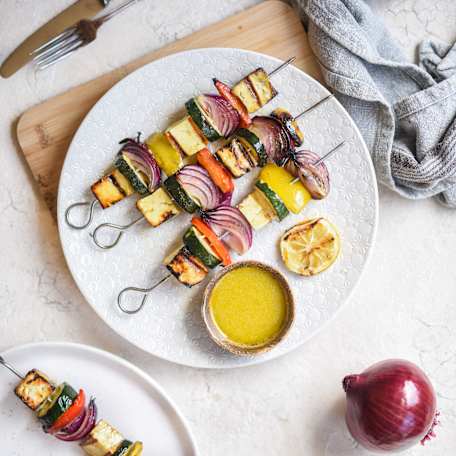 Recipe: Red Onion, Halloumi and Zucchini Skewers - Hero Image Set