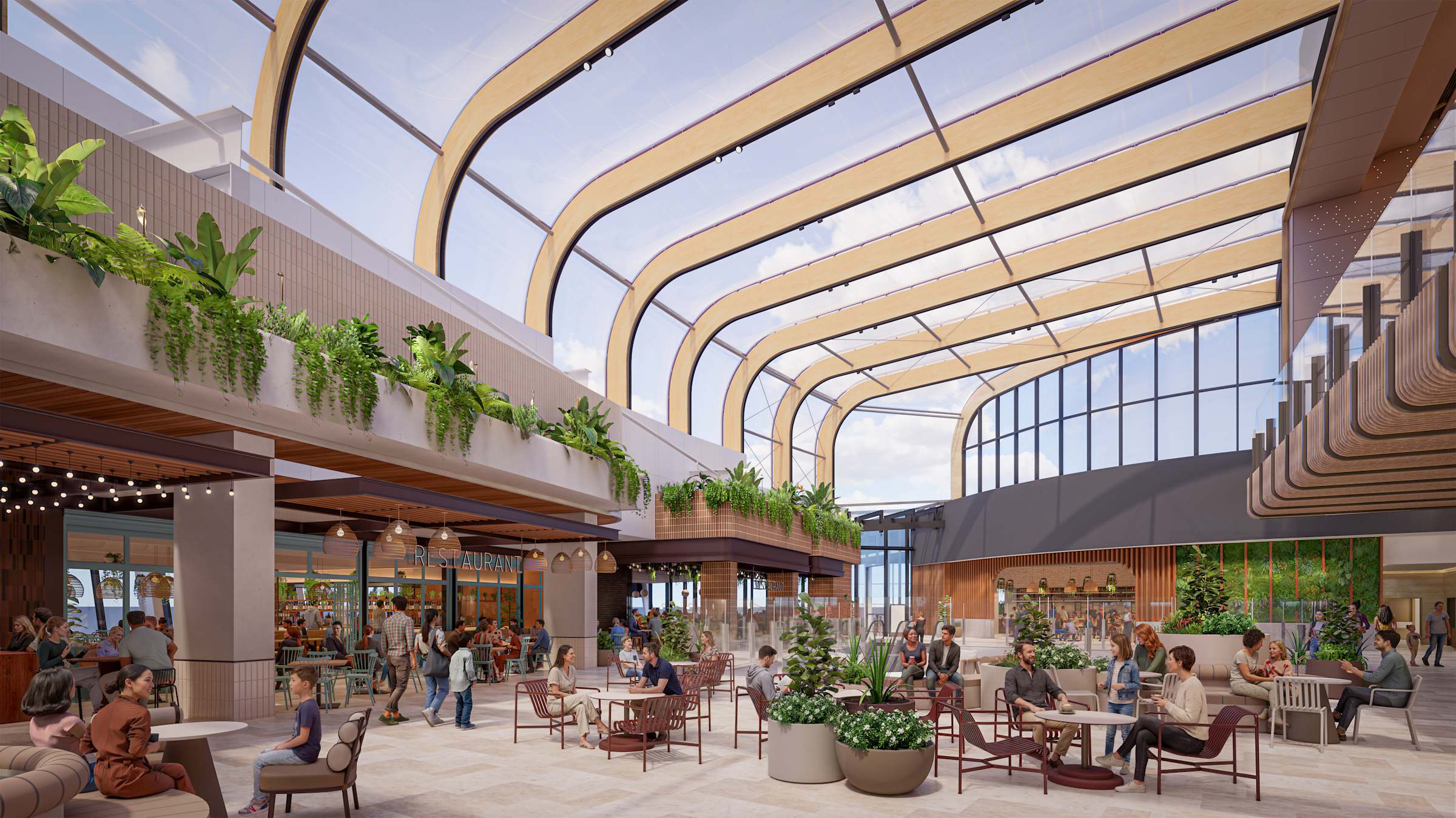Perspectiva oficial da evolução do Westfield Bondi, com novo ambiente elevado de gastronomia e convivência.